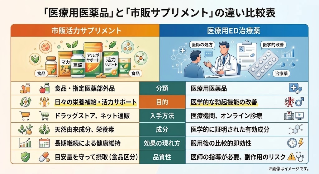 ドラッグストアの市販活力サプリメントと医療用ED治療薬における目的・成分・安全性の違い比較表