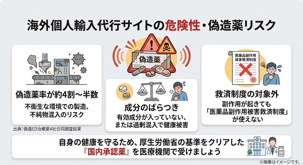 海外個人輸入代行サイトにおける偽造ED治療薬リスクと国内承認薬の必要性を示す解説図