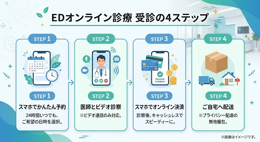 スマホで完結するEDオンライン診療の受診4ステップ（予約・ビデオ診察・決済・配送）