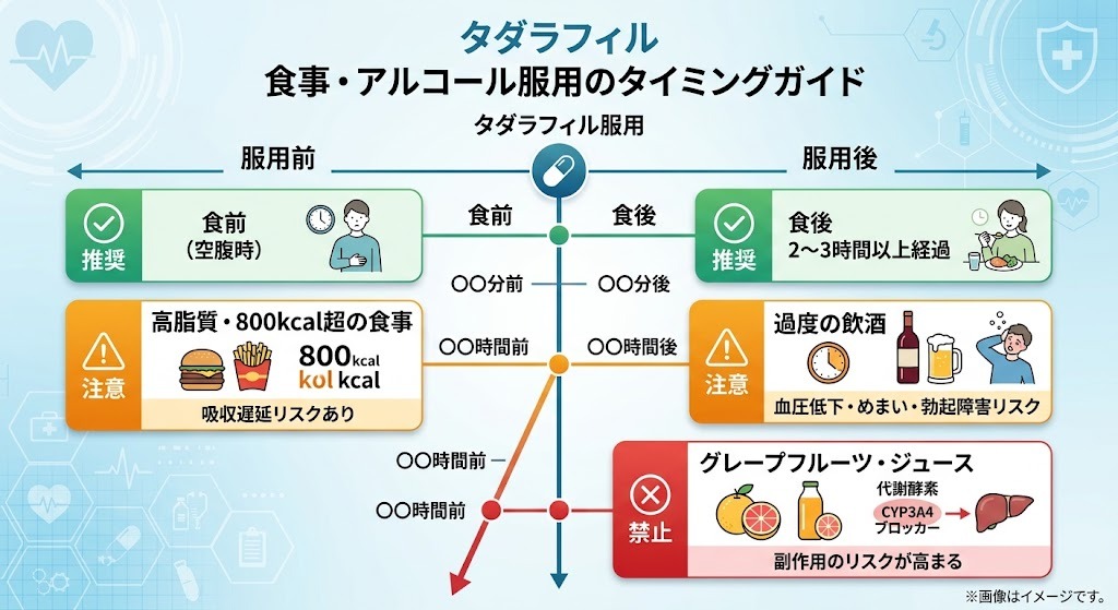 タダラフィルの食事・アルコール服用タイミングガイド|空腹時の推奨・800kcal制限・グレープフルーツ禁忌