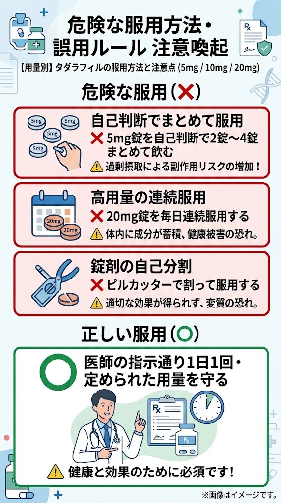 タダラフィルの危険な服用方法と誤用注意喚起|5mg複数錠服用や分割のリスクと正しい服用ルール