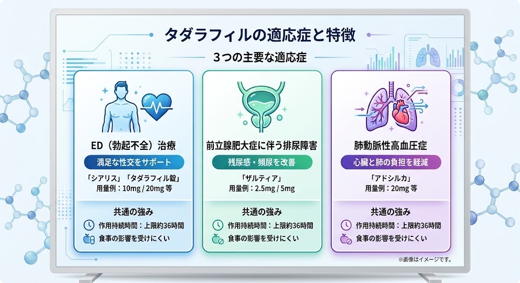 タダラフィルの3つの主な適応症(ED治療、前立腺肥大症に伴う排尿障害、肺動脈性高血圧症)と共通の特徴