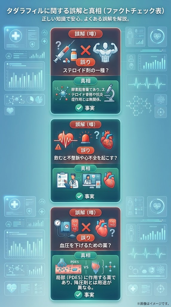タダラフィルに関する3つの誤解(ステロイド剤、不整脈の悪化、血圧を下げる薬)と医学的な真相のファクトチェック