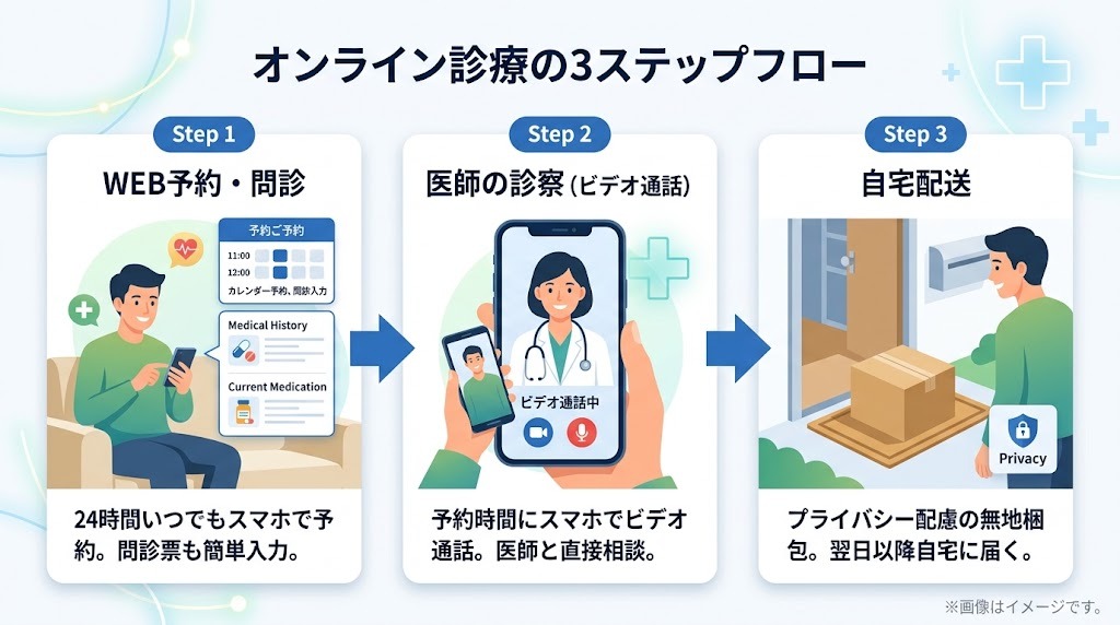 オンライン診療を利用したタダラフィル処方の流れ(スマホでのWEB予約・問診、医師のビデオ通話診察、自宅への配送)