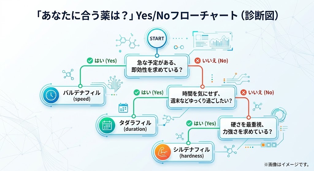 即効性や持続時間など悩み・目的別で選ぶあなたに合うED治療薬のYes/Noフローチャート診断図