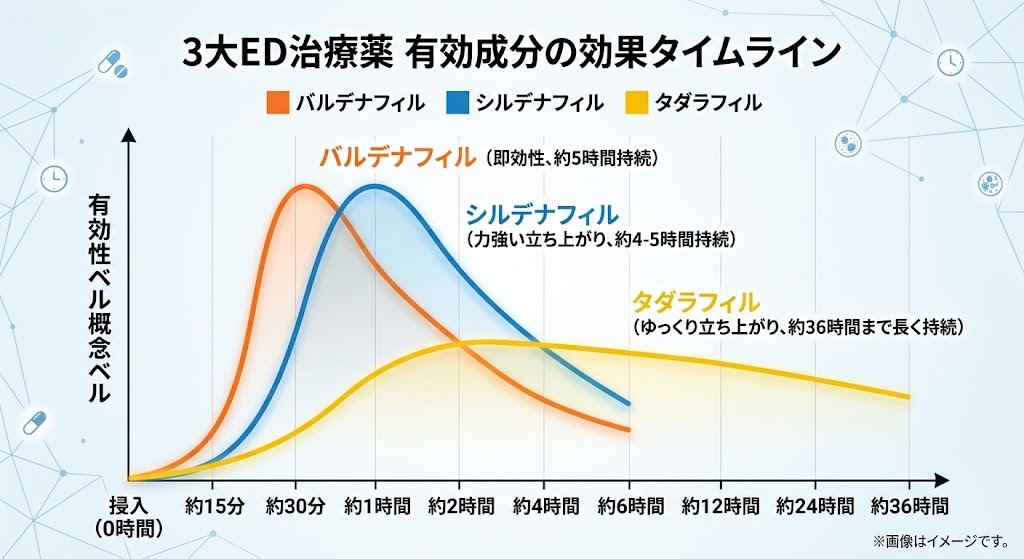 ED治療薬の主要3成分（バルデナフィル、シルデナフィル、タダラフィル）の効果発現時間と持続性の比較タイムライン図
