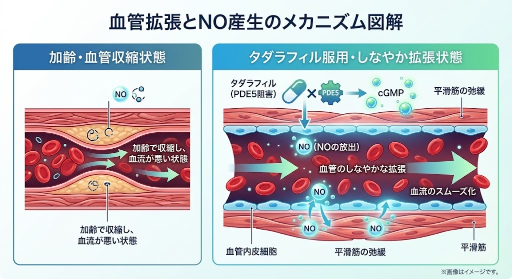 タダラフィルによるPDE5阻害作用と一酸化窒素（NO）による血管拡張メカニズムの図解