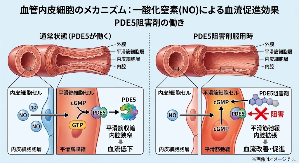 PDE5阻害剤（タダラフィル）が血管内皮細胞からの一酸化窒素（NO）の働きを高め、全身の血流を促進するメカニズムの図解