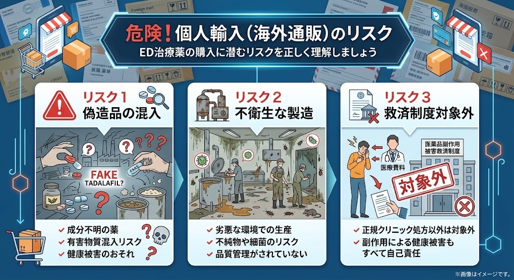 海外通販などによるED治療薬（タダラフィル）の個人輸入に潜む、偽造品の混入や健康被害などのリスクを示す警告インフォグラフィック