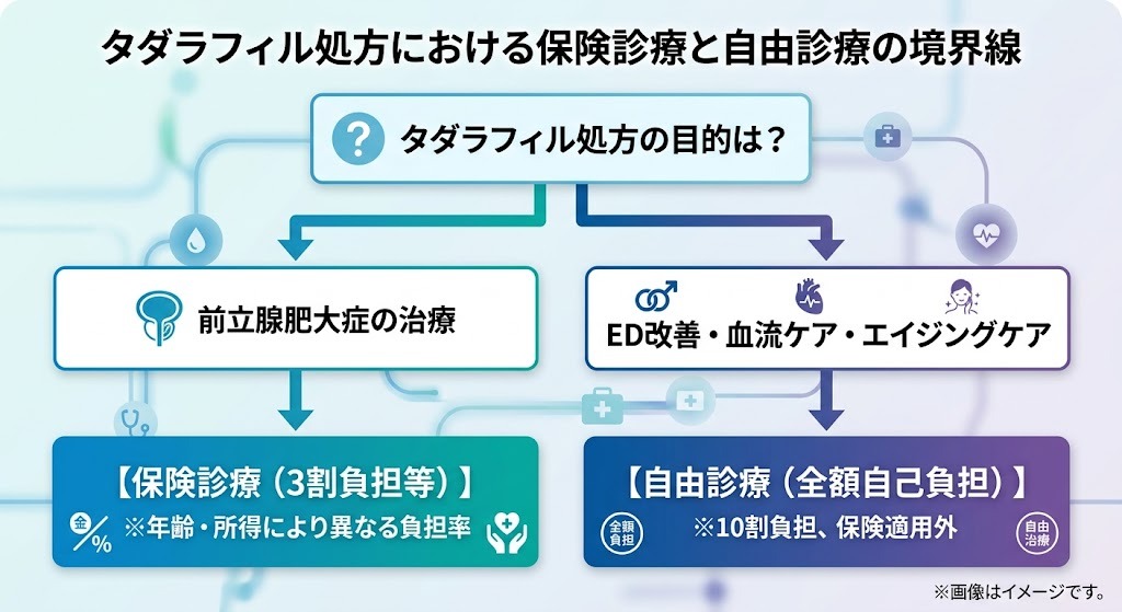 低用量タダラフィル処方における保険診療（前立腺肥大症等）と自由診療（ED改善・血流ケア等）の適用条件の違いを示すフローチャート