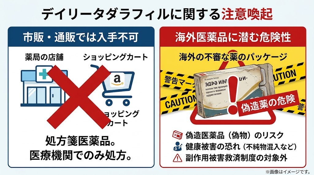 デイリータダラフィルの市販・Amazon取扱不可と海外個人輸入代行の危険性・偽造薬リスクについての注意喚起