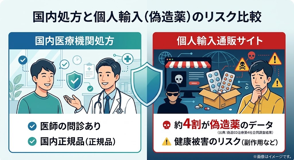 国内医療機関処方の正規品ED治療薬と、約4割が偽造薬で健康被害リスクが高い個人輸入通販サイトの比較図