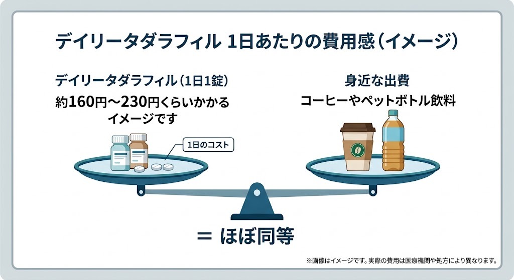デイリータダラフィル（2.5mg）の1日あたりの費用感と缶コーヒー・ペットボトル飲料のコスト比較天秤イメージ