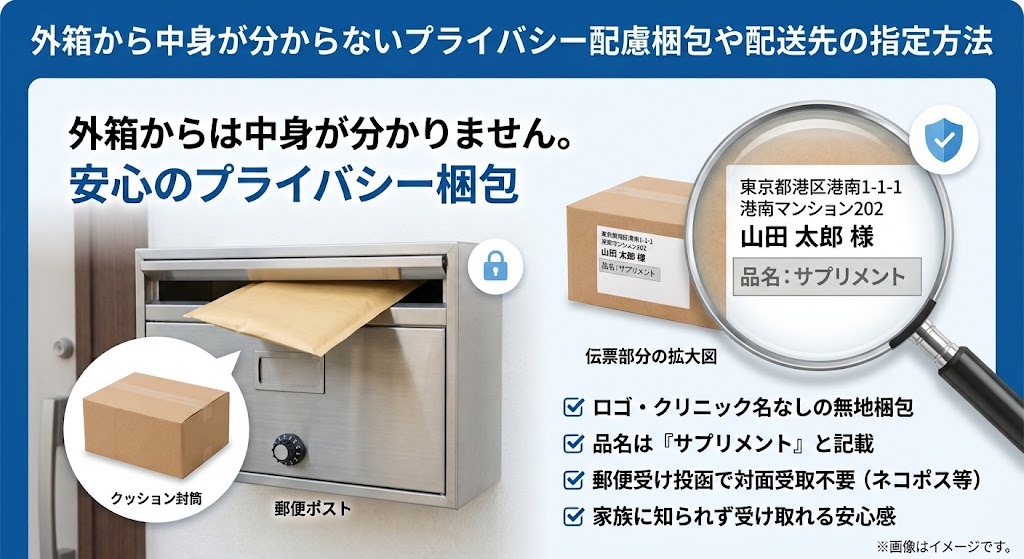 外箱から中身が分からない無地梱包と品名サプリメント記載によるプライバシー配慮の郵便受け投函イメージ