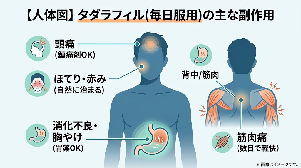 デイリータダラフィル（毎日服用）の主な副作用が現れやすい部位（頭痛、ほてり、消化不良、筋肉痛）と、それぞれの安全な対処法（鎮痛剤や胃薬の併用など）をまとめた人体図イラスト。
