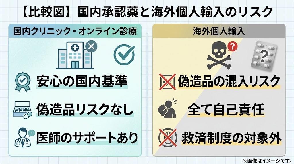 国内クリニックで処方される国内承認薬と、海外個人輸入（海外製ジェネリック）のリスク比較図。偽造品混入リスクがなく医師のサポートがある国内基準の安全性と、全て自己責任となる個人輸入の危険性を対比。