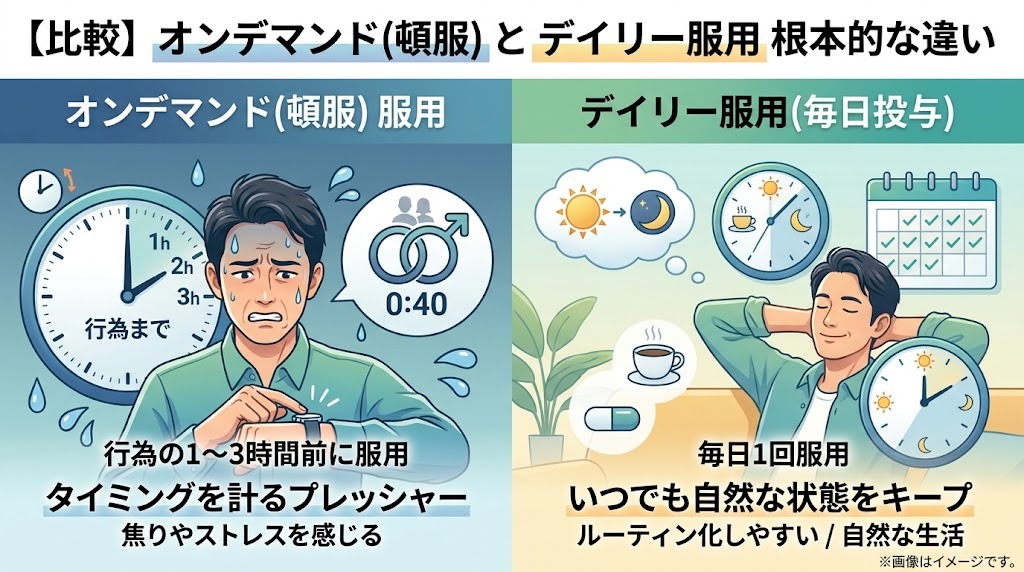 オンデマンド服用（頓服）とデイリータダラフィル（毎日服用）の違いを示す比較図。頓服の「飲むタイミングを計るプレッシャー」と、デイリー服用の「いつでも自然な状態をキープできる」メリットを図解。