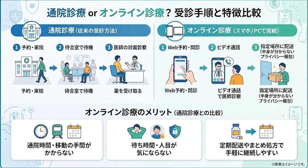 通院診療とオンライン診療の受診ステップおよびプライバシー配慮や継続しやすさの特徴比較図