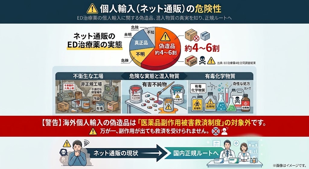 ネット通販のED治療薬における偽造品割合（約4〜6割）と個人輸入の危険性を示すグラフ
