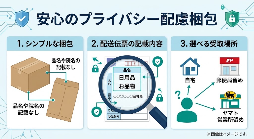 オンライン診療のプライバシー配慮梱包と伝票表記のイメージ