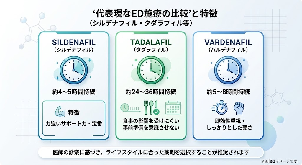 代表的なED治療薬（シルデナフィル・タダラフィル・バルデナフィル）の作用時間と特徴比較図
