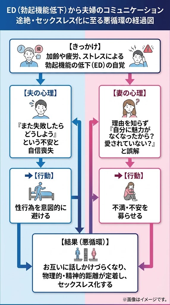 ED（勃起機能低下）から夫婦のコミュニケーション途絶・セックスレス化に至る悪循環の経過図