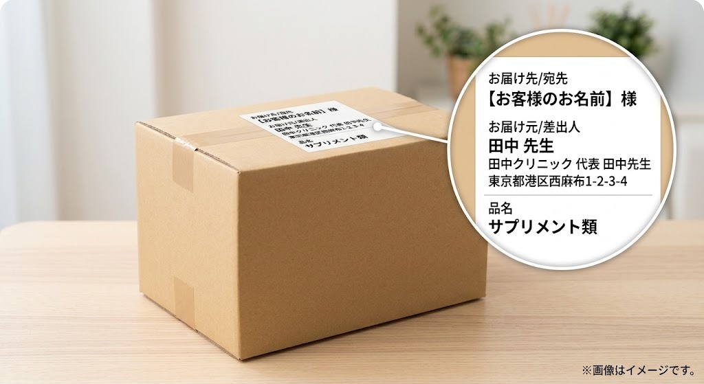 家族にバレないED治療薬のプライバシー梱包例（無地段ボール、差出人名変更、品名サプリメント等）