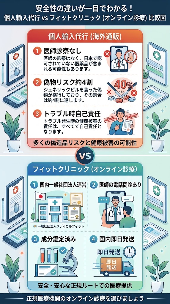 個人輸入代行サイトとフィットクリニック（オンライン診療）の安全性・リスク比較図