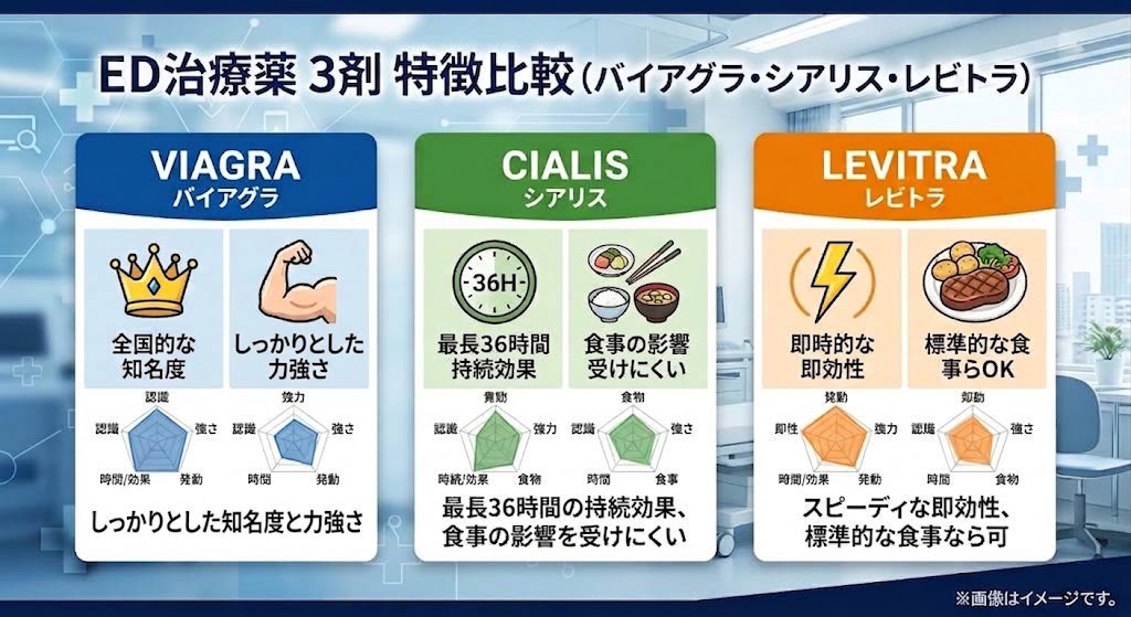代表的なED治療薬3種（バイアグラ・シアリス・レビトラ）の特徴比較図