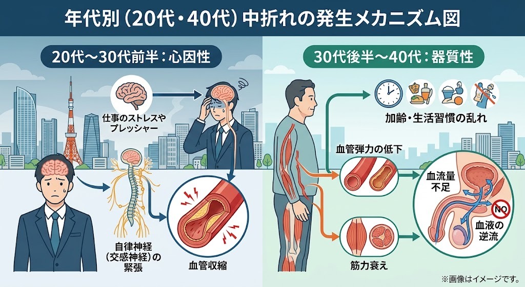 20代の心因性(ストレス・緊張)と40代の器質性(血管の老化・筋力低下)による中折れの発生メカニズム比較図