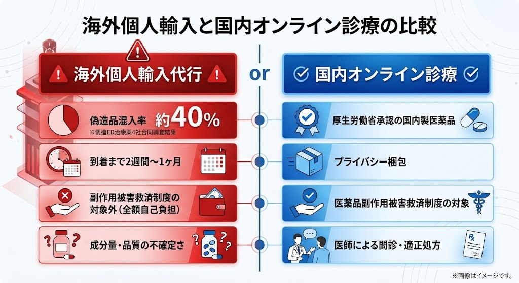 タダラフィルの海外個人輸入のリスクと国内オンライン診療のメリットを比較した図