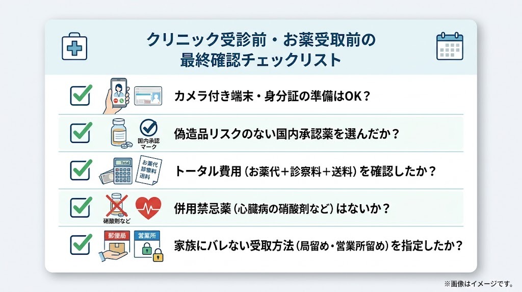 タダラフィルのオンライン診療受診やお薬受取前に確認すべき最終チェックリスト図