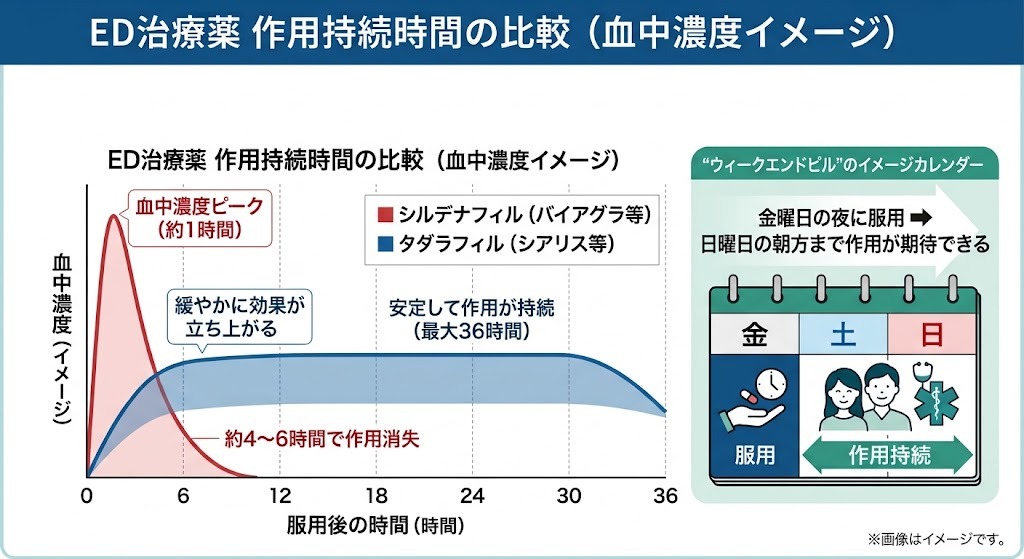 シルデナフィルとタダラフィルの血中濃度推移と作用持続時間を比較したグラフ