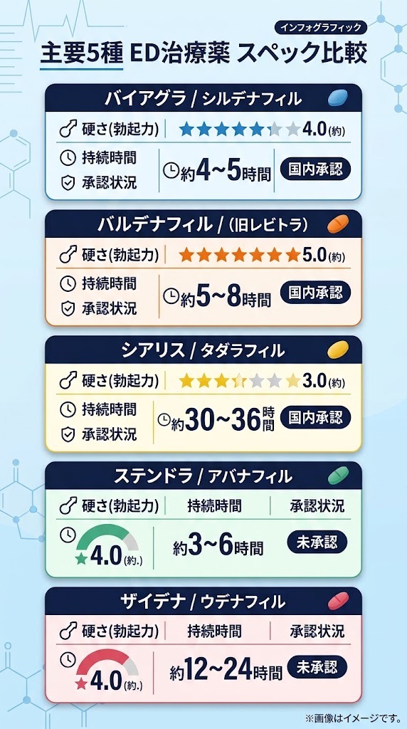 主要ED治療薬5種（バイアグラ・バルデナフィル・シアリス・ステンドラ・ザイデナ）の硬さ・持続時間・国内承認状況を一覧で比較するインフォグラフィック（スペック比較表）。