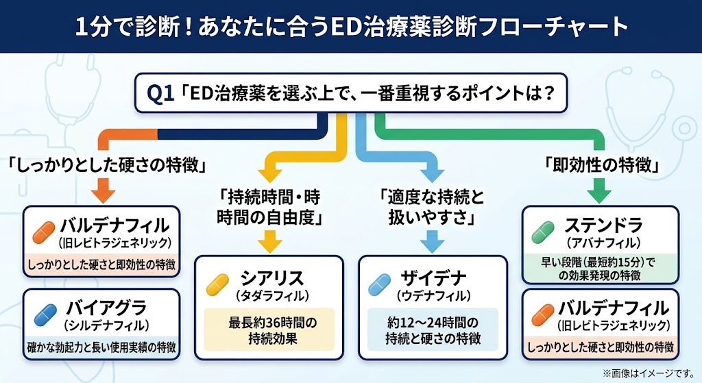 悩みや目的（硬さ、持続時間、扱いやすさ、即効性）に合わせて、自分に適した主要ED治療薬を選べる診断フローチャートの図解。