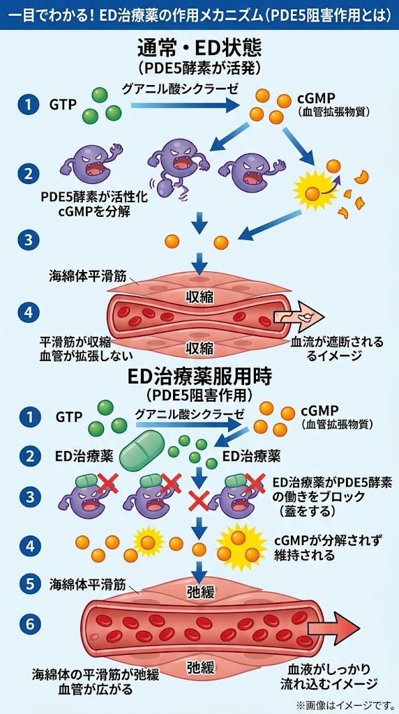 ED治療薬の作用メカニズム（PDE5阻害作用）を解説する、スマホ向けの縦長概念図。上段：通常・ED状態（cGMP分解、血管収縮）。下段：薬服用時（PDE5ブロック、血管拡張、血流増加）。メディカルイラスト。