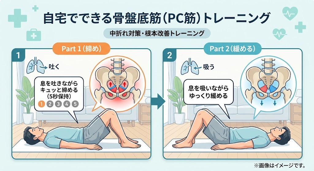仰向けで膝を立てて行う骨盤底筋(PC筋)トレーニングの呼吸と筋肉の締め方・ゆるめ方の図解イラスト