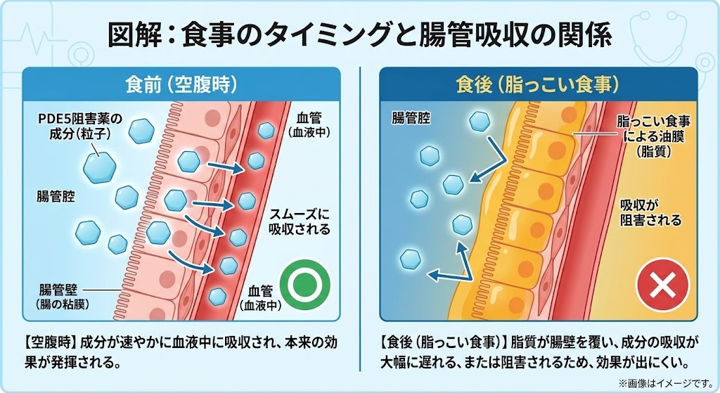 食事のタイミング（空腹時vs脂っこい食事後）とED治療薬の腸管吸収メカニズムの違いを比較する解説イラスト。食後は油膜が吸収を阻害する様子を描写。