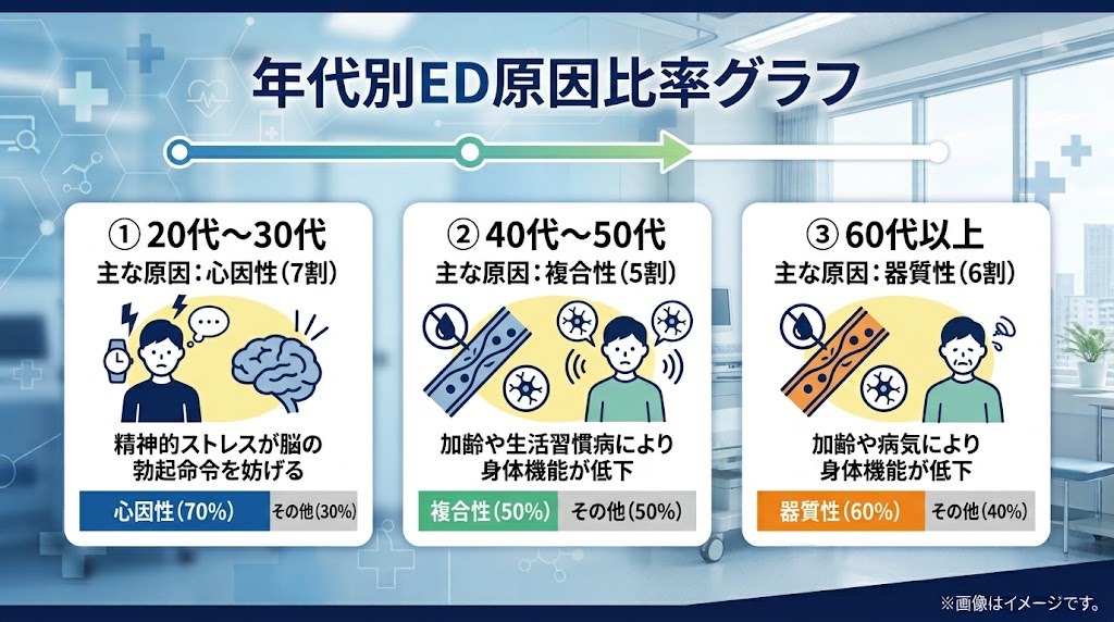 年代別におけるED原因（心因性・器質性・複合性）の割合グラフ