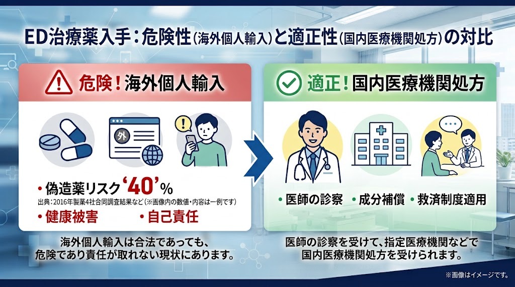個人輸入の偽造薬リスクと国内医療機関処方の安全性を比較した図