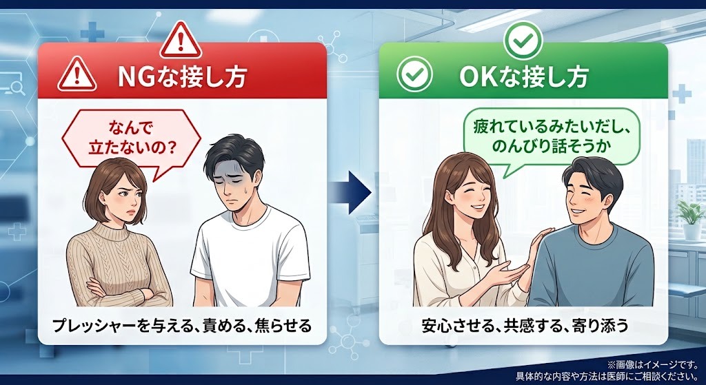 パートナーがEDに悩む男性へかける言葉のOK例・NG例の比較イラスト