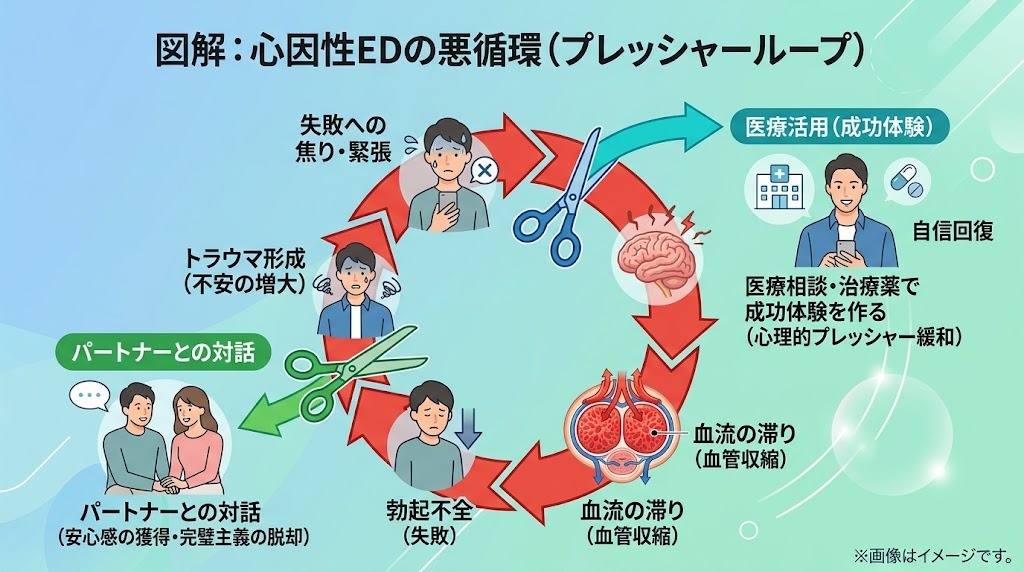 心因性EDのプレッシャーループ（不安や緊張による悪循環と治療薬・対話での断ち切り方）