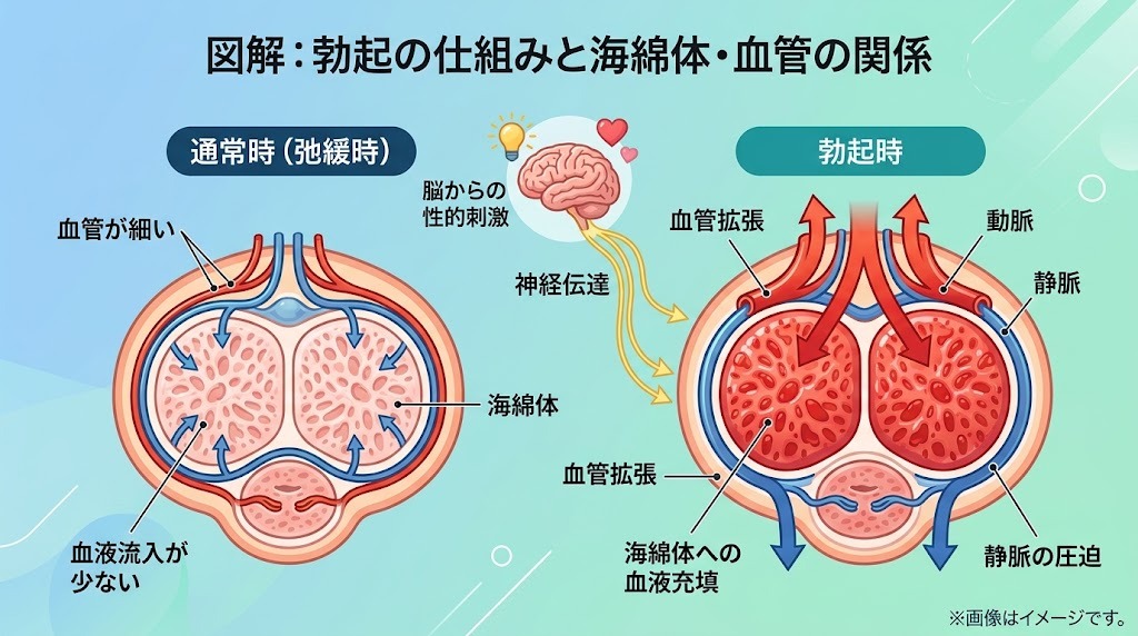 通常時と勃起時における陰茎断面の海綿体・血管・神経伝達の仕組み図解