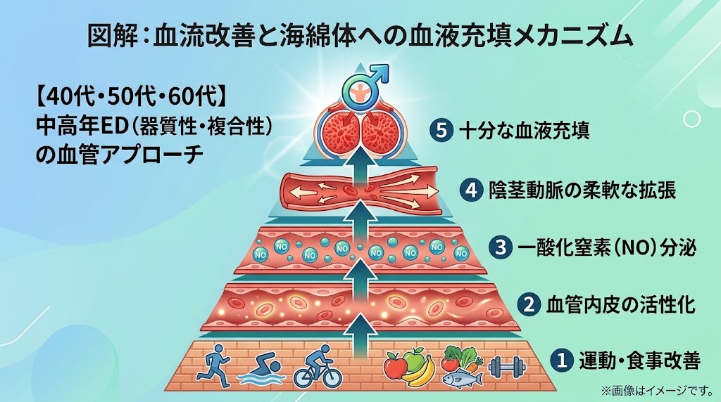 中高年EDにおける血流改善と海綿体への血液充填メカニズムの5段階フロー