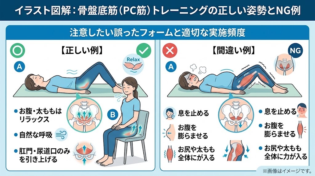 骨盤底筋（PC筋）トレーニングの正しいフォームと息を止めるなどのNG例の比較図解