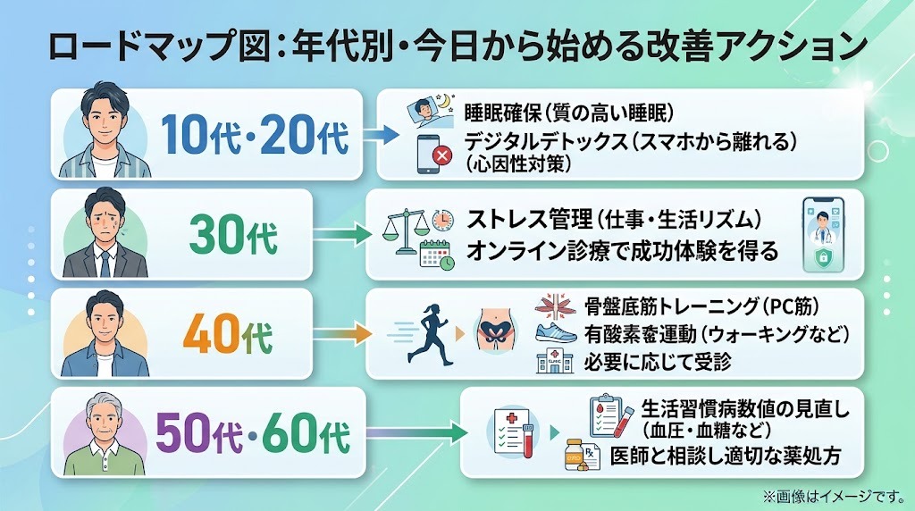 10代から60代までの年代別ED改善アクションロードマップ図