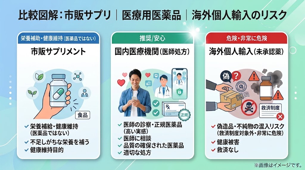 市販サプリメント・国内医療機関処方・海外個人輸入リスクの3パターン比較図
