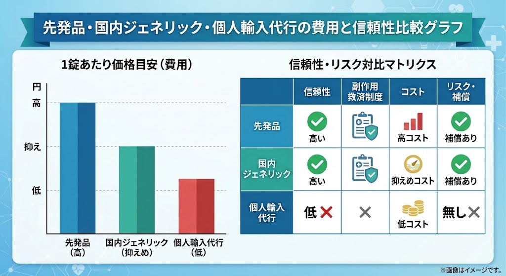 先発品と国内承認ジェネリック・個人輸入代行の費用および信頼性比較グラフ