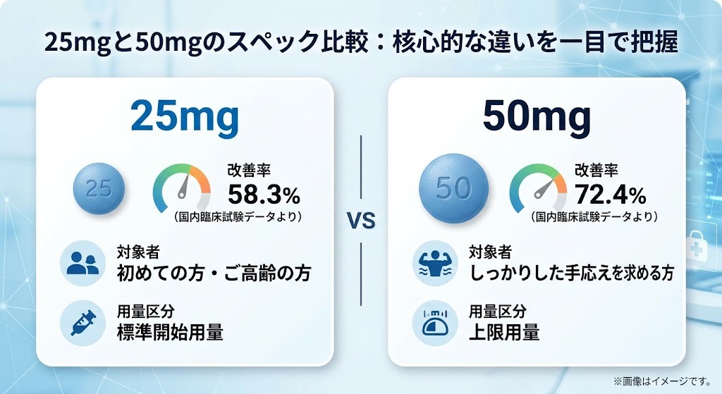 シルデナフィル25mgと50mgの改善率・対象者・用量区分を一目で比較する図解