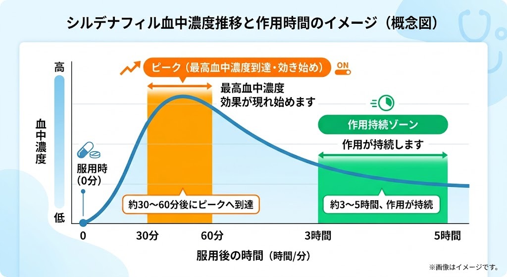 シルデナフィルの服用後の時間経過による血中濃度推移と効果のピーク・持続時間を表す概念グラフ